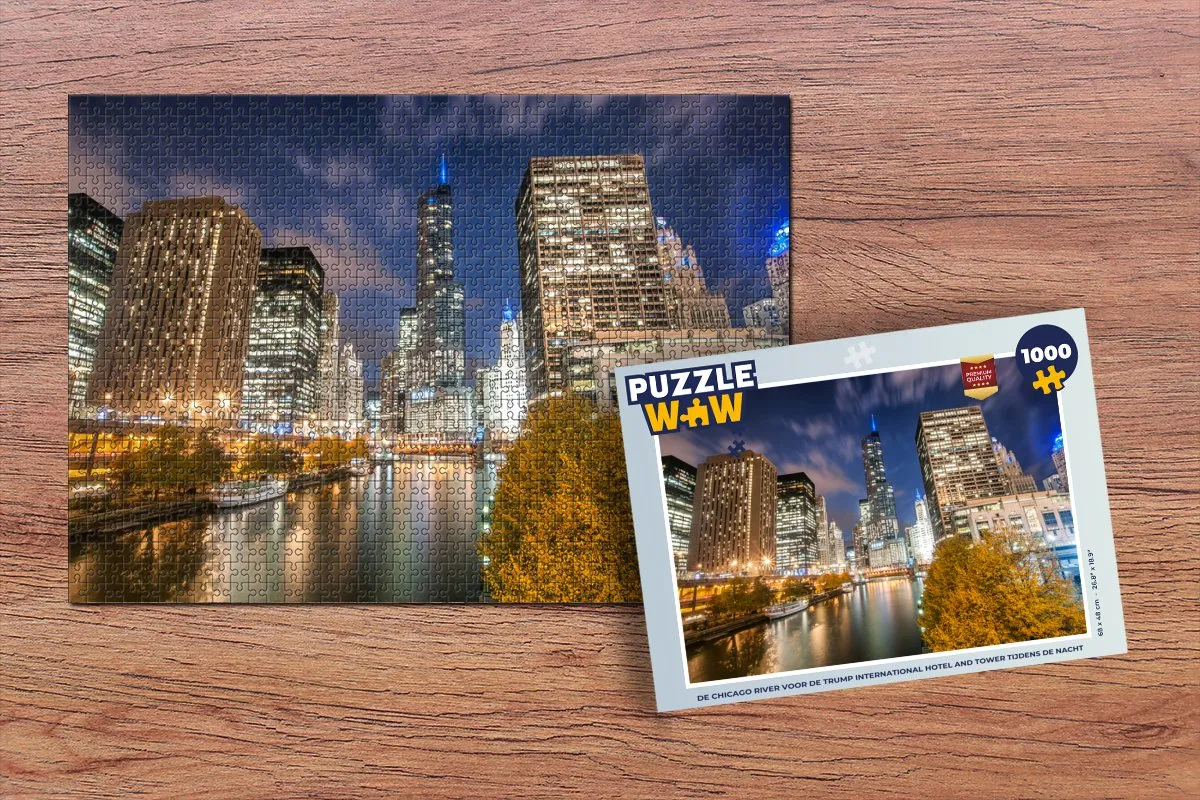 PuzzleWow De Chicago River Trump Tower Nacht Legpuzzel 1000 Stuks - Multicolor