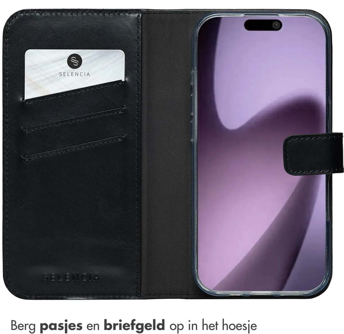 Selencia iPhone 17 Lederen Bookcase Hoesje - 3 Pasjes - Zwart
