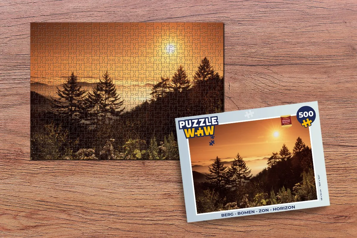 PuzzleWow Legpuzzel Berg - Bomen - Zon - Horizon 500 Stuks - Multicolor