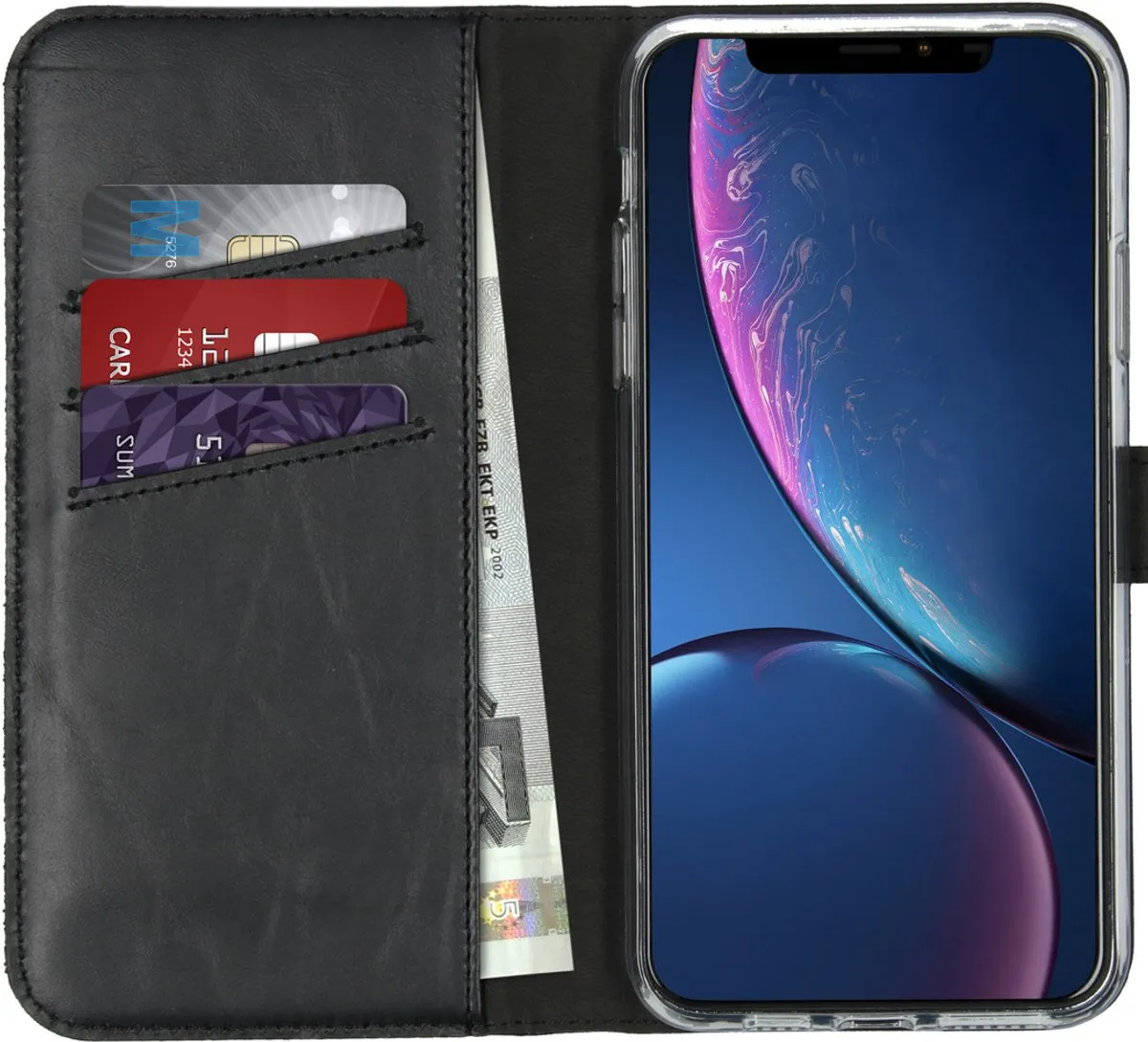 Selencia Hoesje iPhone 11 Pro Max Echt Lederen Bookcase - 3 Pasjes - Zwart