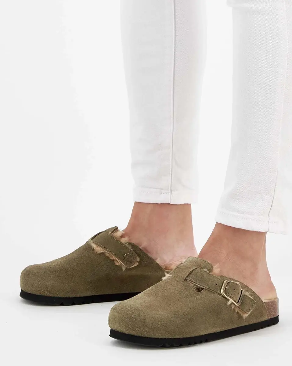 Scholl Fae New Fur Suede Clogs - Dames - 40 - Khaki