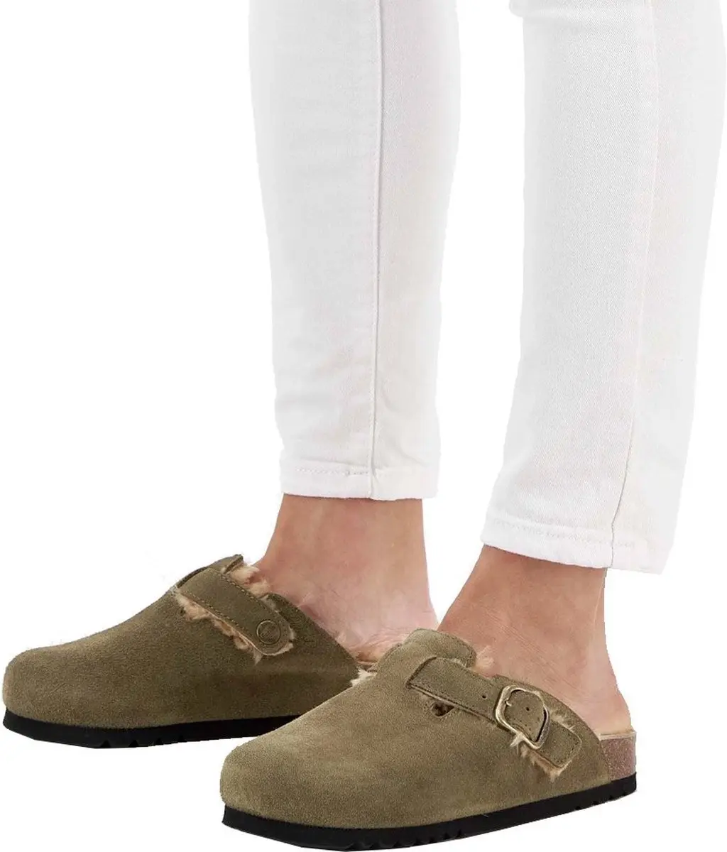 Scholl Fae New Fur Suede Clogs - Dames - 40 - Khaki
