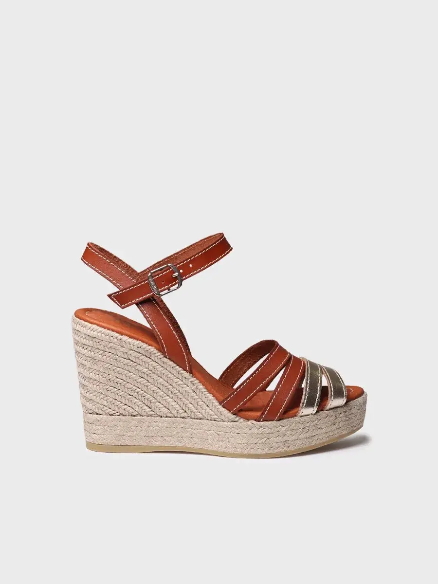 Open espadrille voor dames van platina leer met sleehak