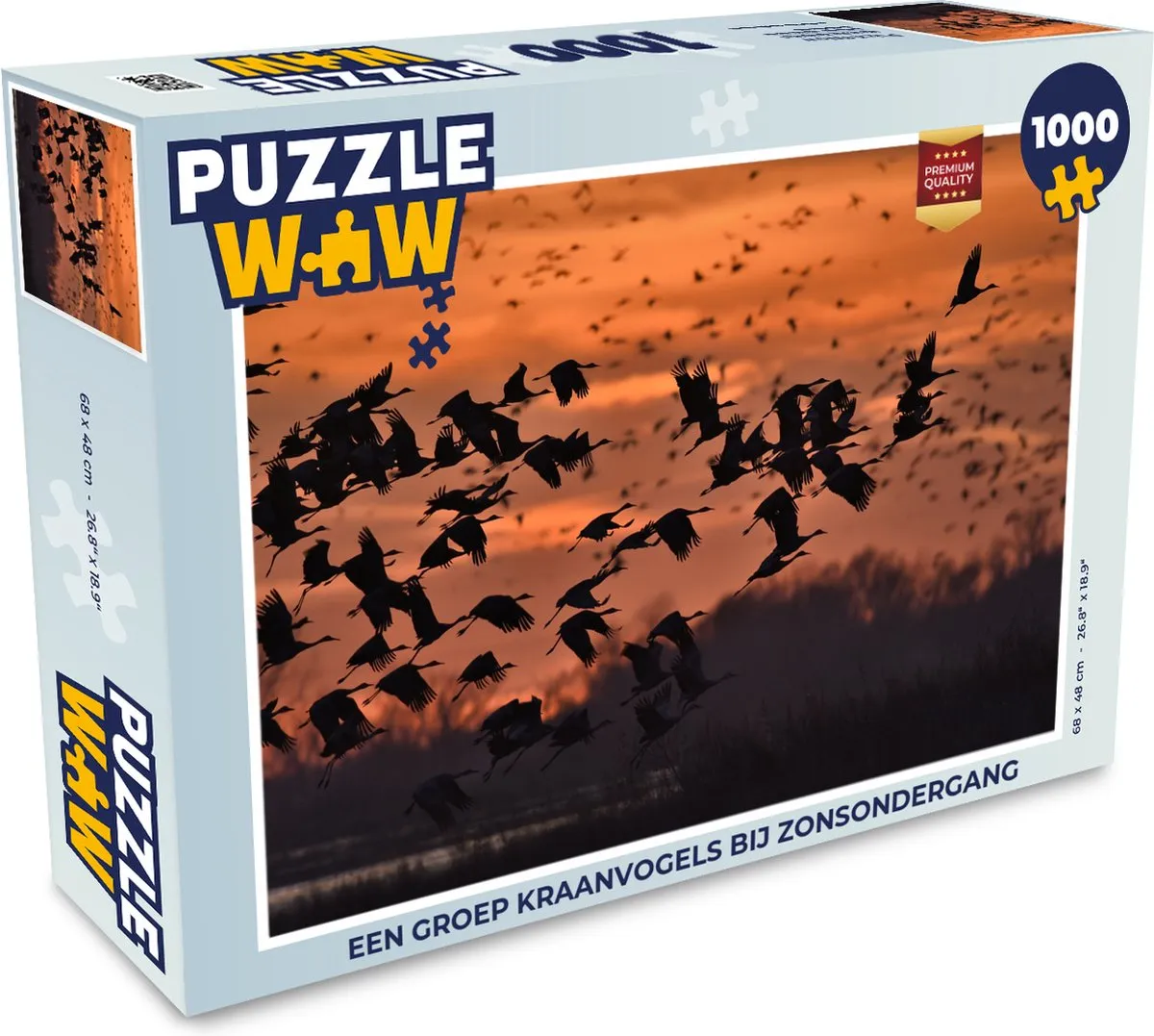 PuzzleWow Legpuzzel Een groep kraanvogels bij zonsondergang 1000 Stuks - Multicolor