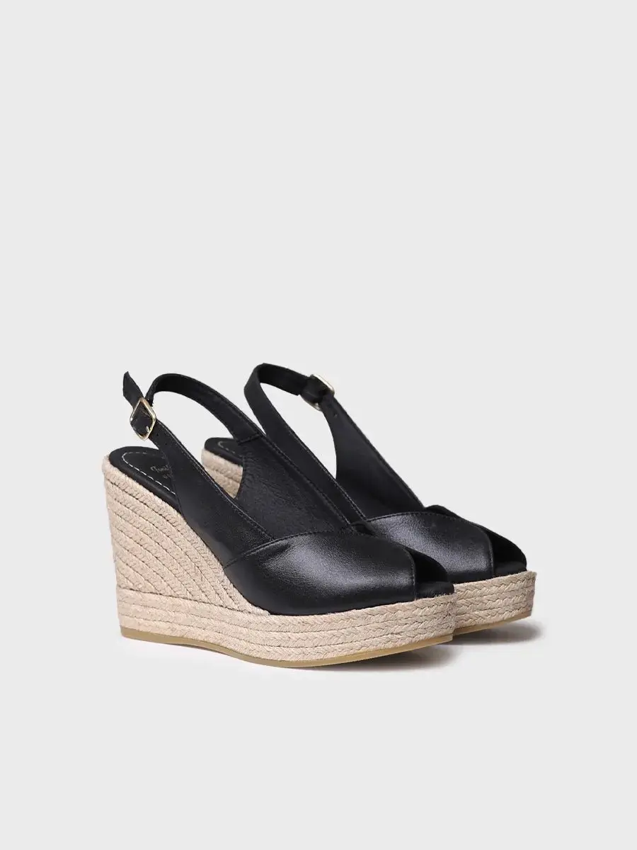Dames espadrille met hoge hakken, open neus en sleehak van leer