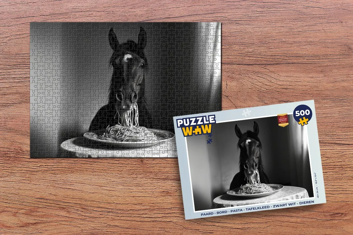 PuzzleWow Paard Bord Pasta Tafelkleed Legpuzzel 500 Stuks - Zwart/Wit