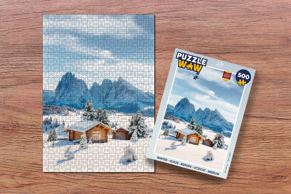 PuzzleWow Winter Huisje Bergen Uitzicht Sneeuw Legpuzzel 500 Stuks