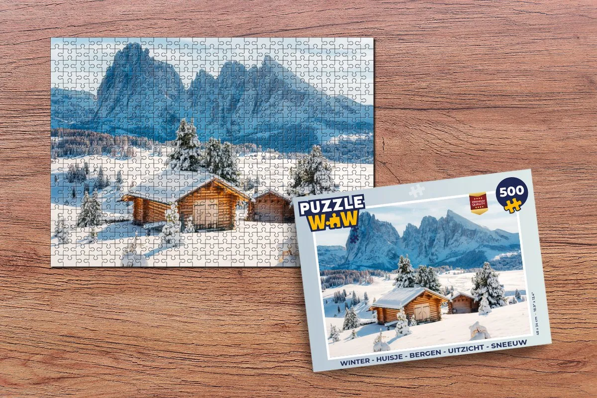 PuzzleWow Winter Huisje Bergen Uitzicht Sneeuw Legpuzzel 500 Stuks