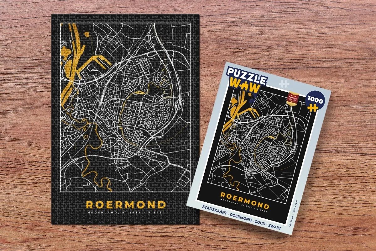 PuzzleWow Stadskaart Roermond Legpuzzel 1000 Stuks - Goud/Zwart