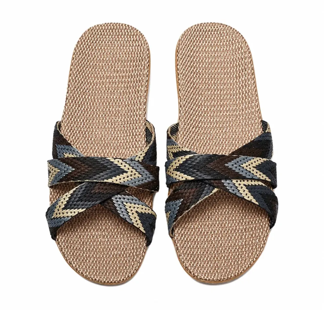 Zwarte dames pantoffels linnen instap slippers bohemian kruislings geweven bande