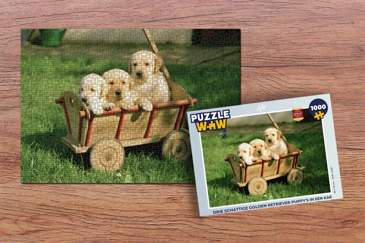 PuzzleWow Legpuzzel 1000 Stuks - Drie Golden Retriever Puppy's Multicolor