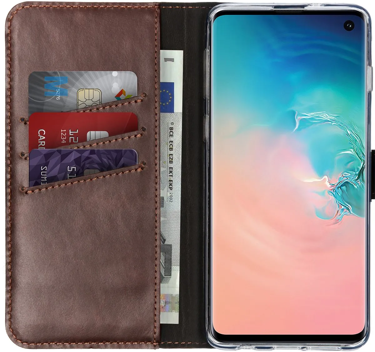 Selencia Hoesje Samsung Galaxy S10 - Echt Lederen Bookcase Bruin