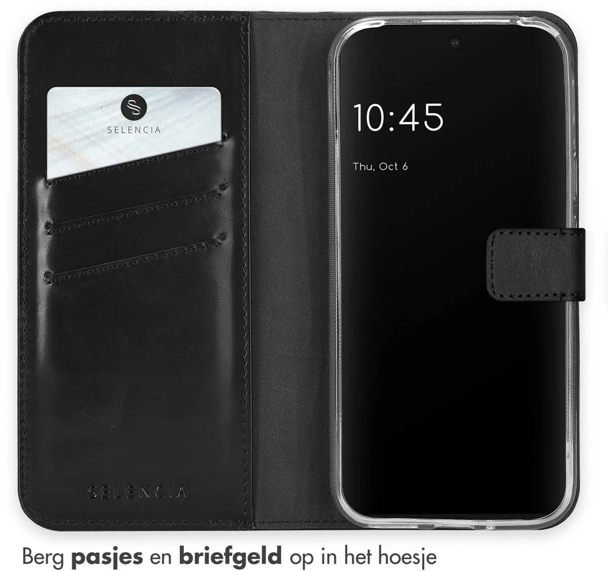Selencia Hoesje Google Pixel 9/9 Pro - Echt Lederen Bookcase - 3 Pasjes - Zwart