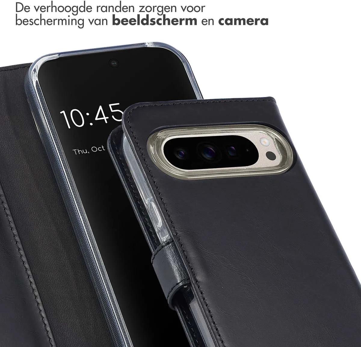 Selencia Hoesje Google Pixel 9/9 Pro - Echt Lederen Bookcase - 3 Pasjes - Zwart
