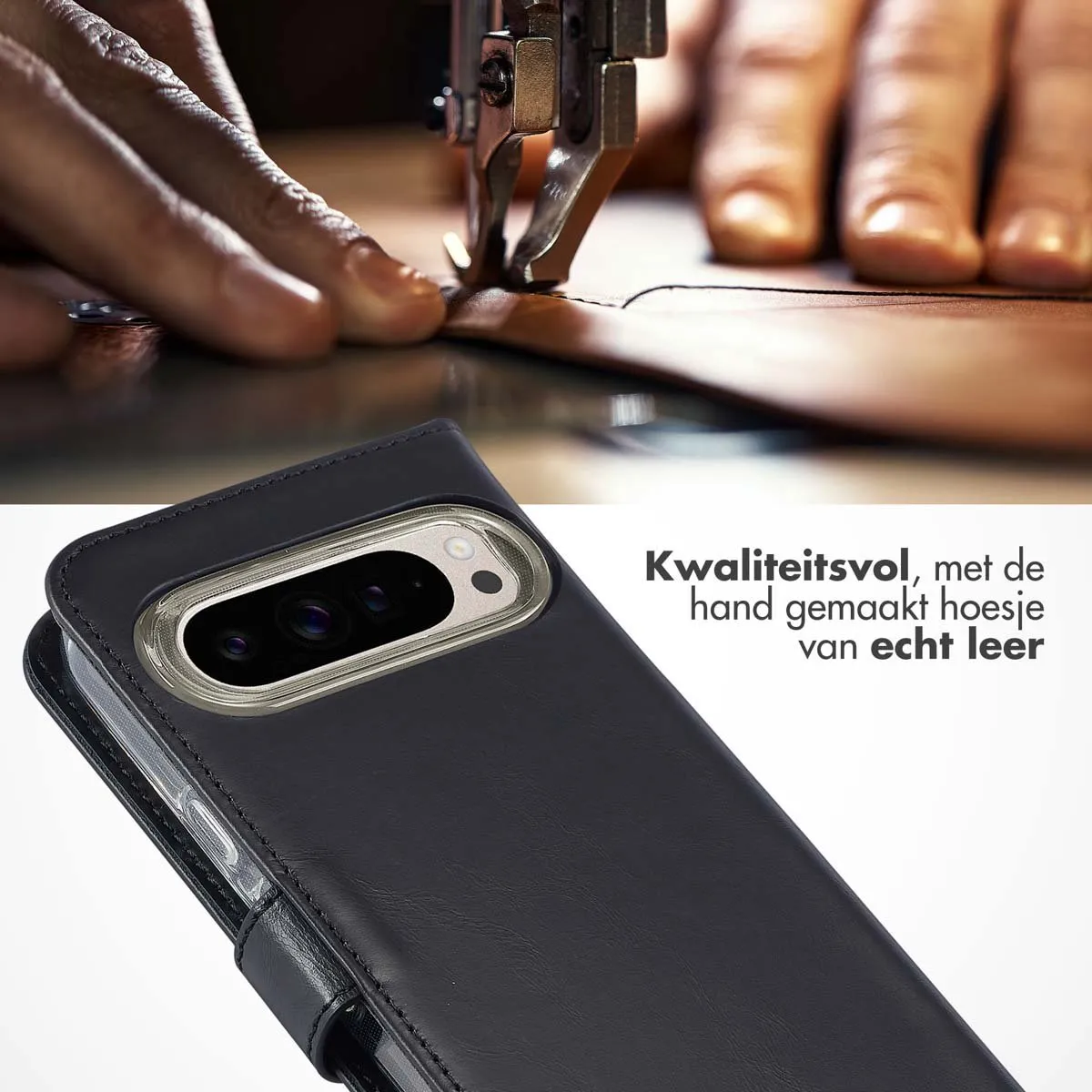 Selencia Hoesje Google Pixel 9/9 Pro - Echt Lederen Bookcase - 3 Pasjes - Zwart