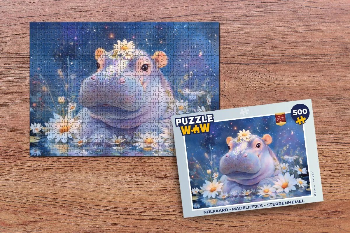 PuzzleWow Nijlpaard Madeliefjes Sterrenhemel Legpuzzel 500 Stukjes