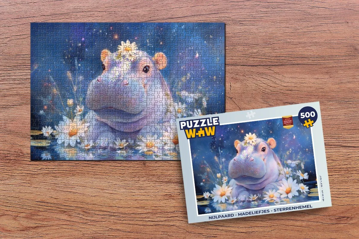 PuzzleWow Nijlpaard Madeliefjes Sterrenhemel Legpuzzel 500 Stukjes
