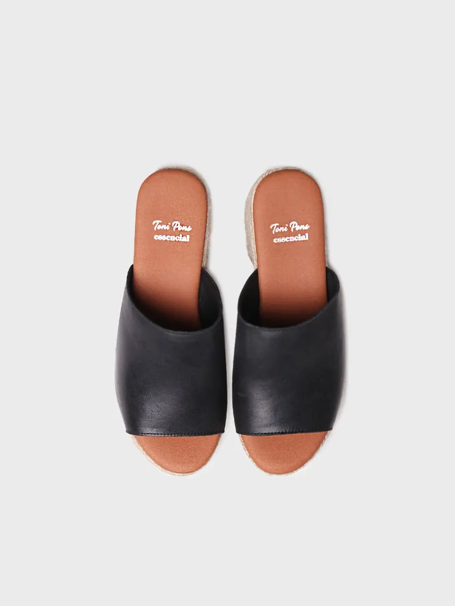Leren espadrille zonder hiel met brede hak