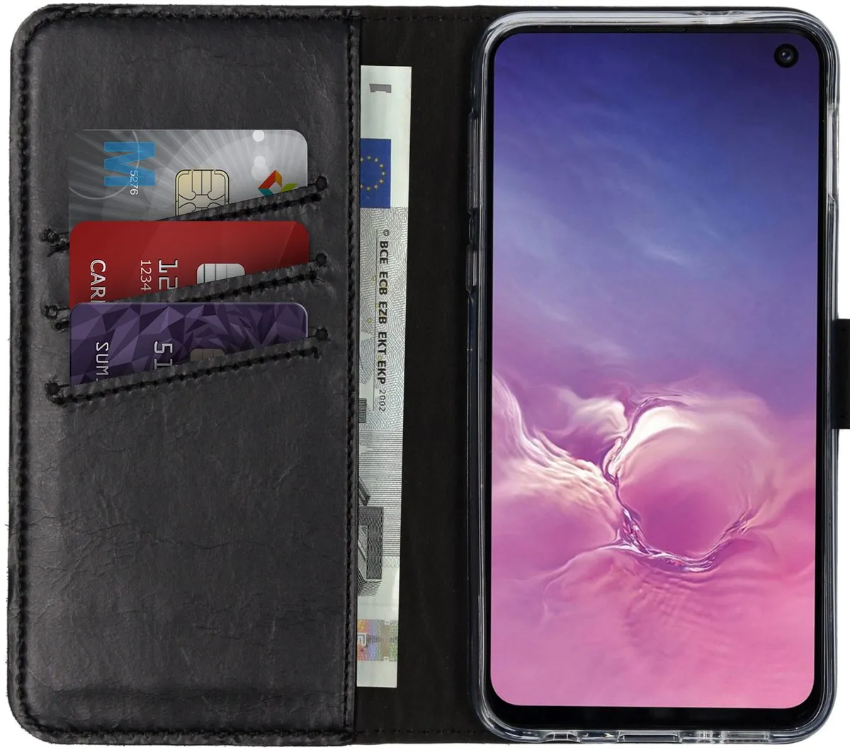 Selencia Hoesje Samsung Galaxy S10e - Echt Lederen Bookcase 3 Stuks - Zwart