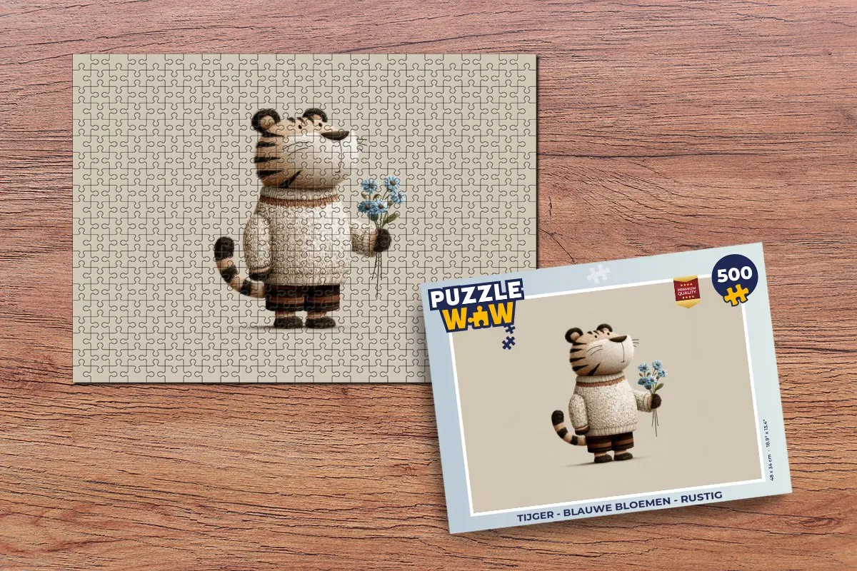 PuzzleWow Tijger - Blauwe Bloemen Legpuzzel 500 Stuks