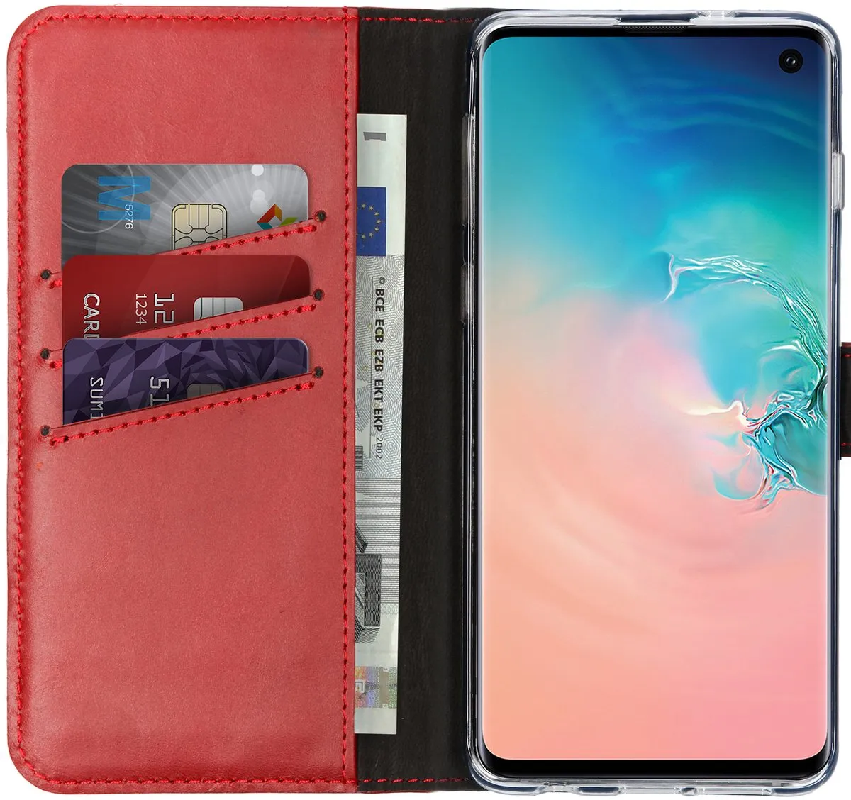 Selencia Hoesje Samsung Galaxy S10 - Rood Leder - 3 Pasjes