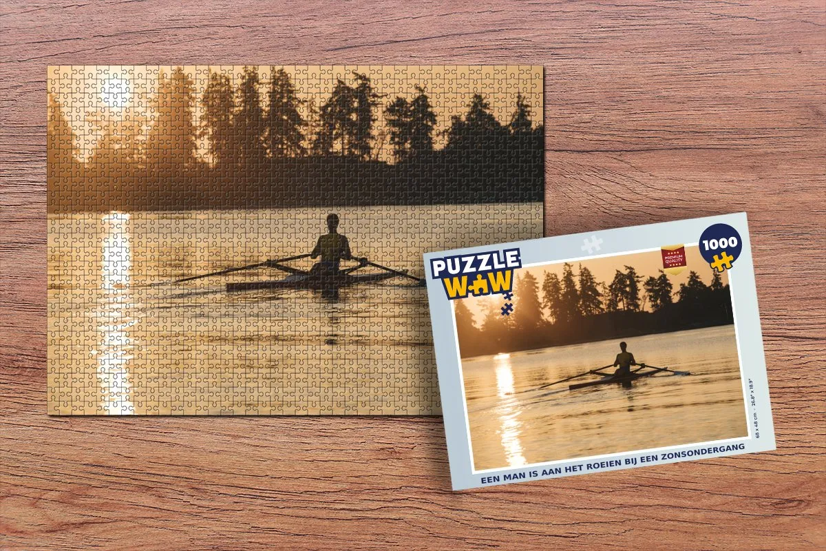 PuzzleWow Legpuzzel Een man is aan het roeien bij een zonsondergang 1000 Stuks - Multicolor