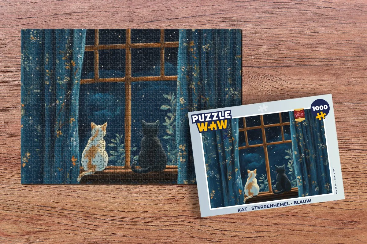PuzzleWow Kat Sterrenhemel Legpuzzel 1000 Stuks - Blauw