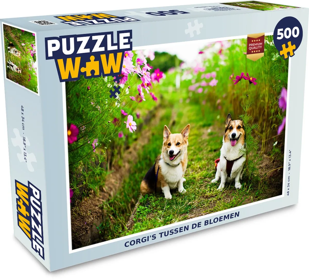 PuzzleWow Legpuzzel Corgi's tussen de bloemen 500 Stuks - Multicolor
