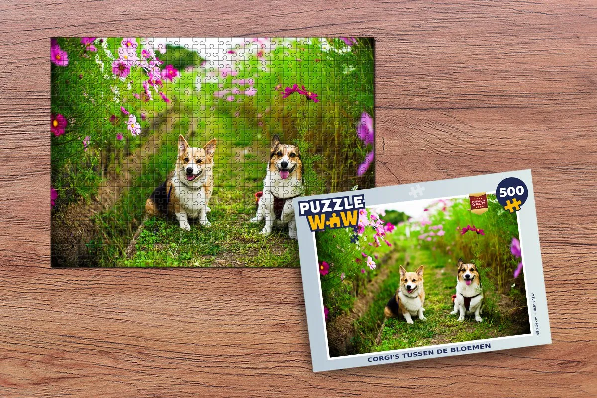 PuzzleWow Legpuzzel Corgi's tussen de bloemen 500 Stuks - Multicolor
