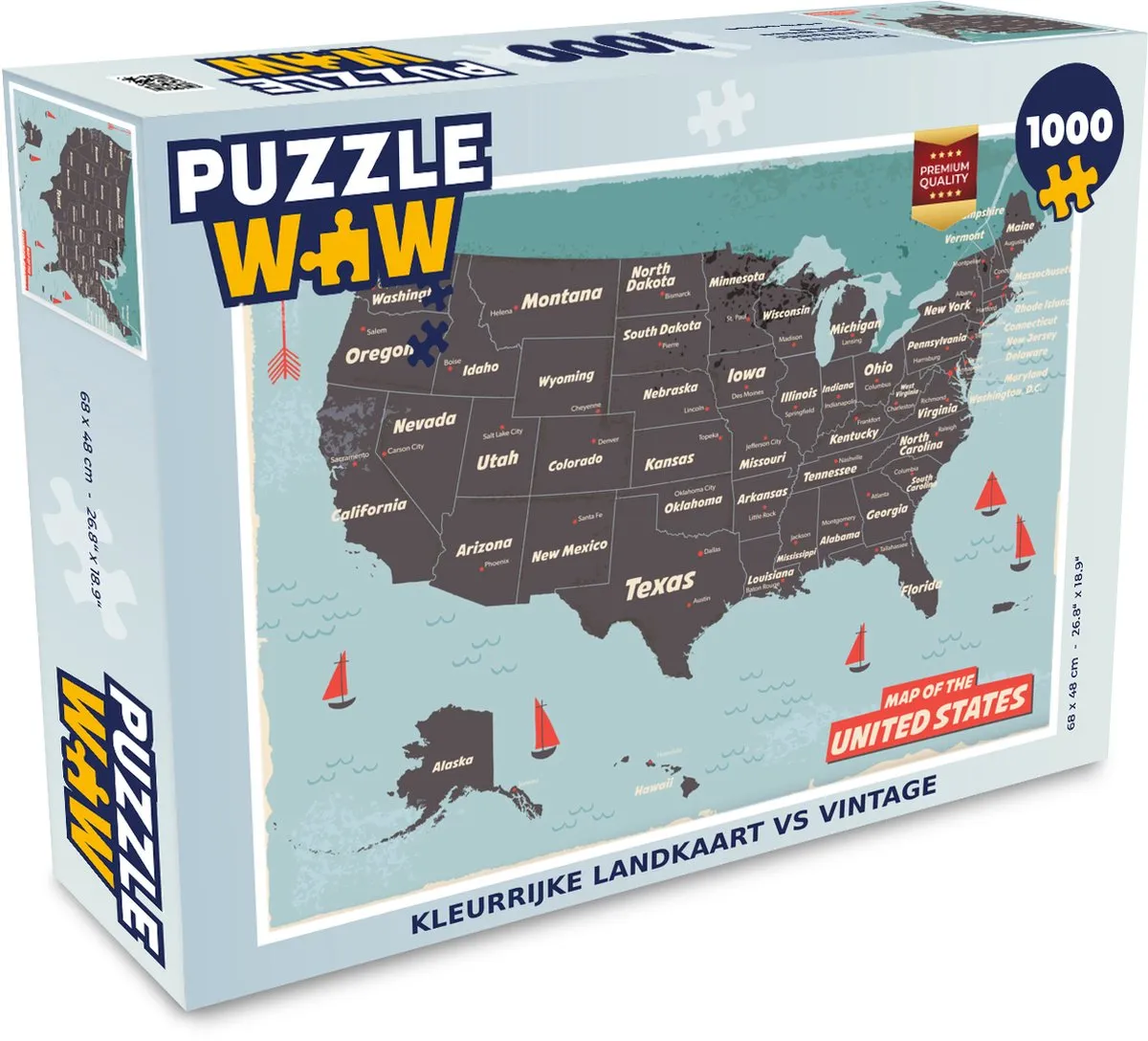 PuzzleWow Legpuzzel Kleurrijke Landkaart VS Vintage 1000 Stuks - Multicolor