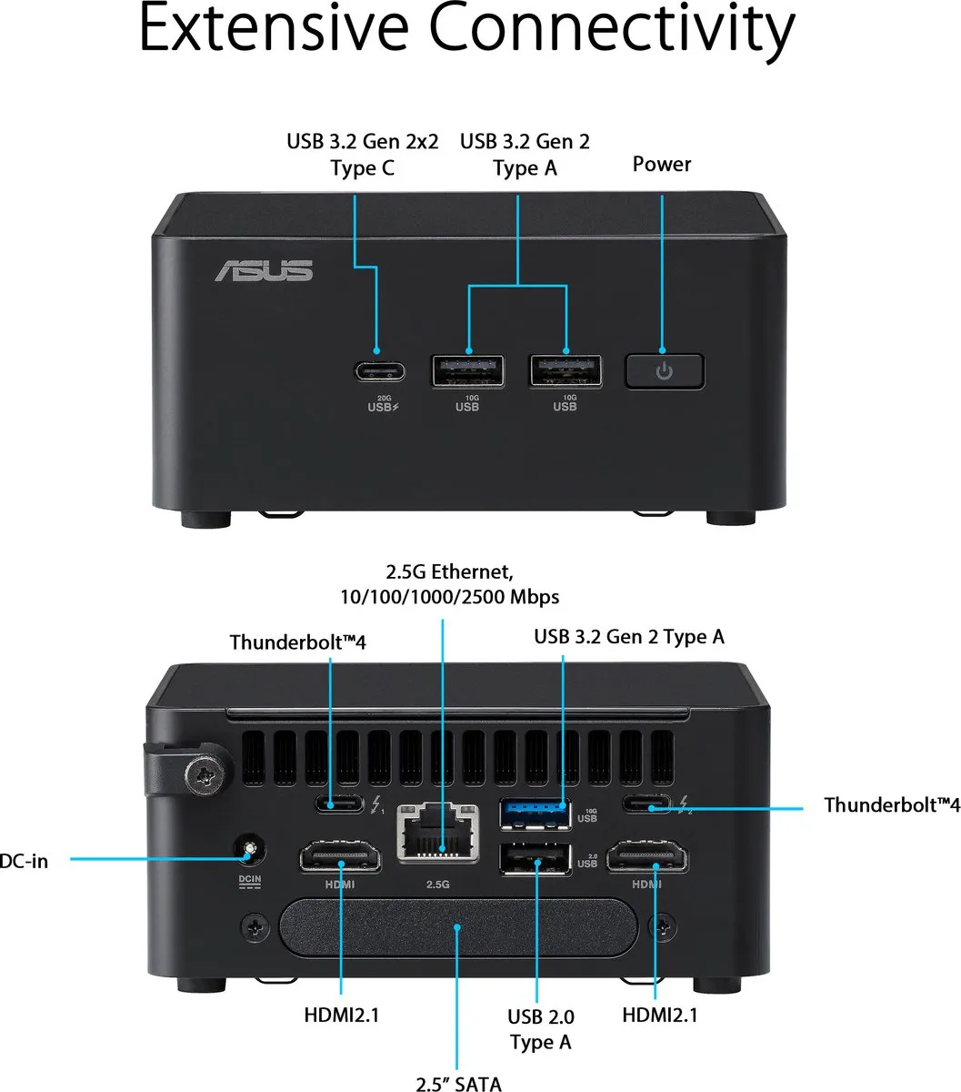 ASUS NUC 14 Pro RNUC14RVKU500002I - Barebone - mini-PC - 1 x Core Ultra 5 125H tot 4.5 GHz - RAM 0 GB - Intel Arc Graphics - 2.5 Gigabit Ethernet, IEEE 802.11ax (Wi-Fi 6E), Bluetooth 5.3 - 802.11abgnacax (Wi-Fi 6E), Bluetooth 5.3 - zwart