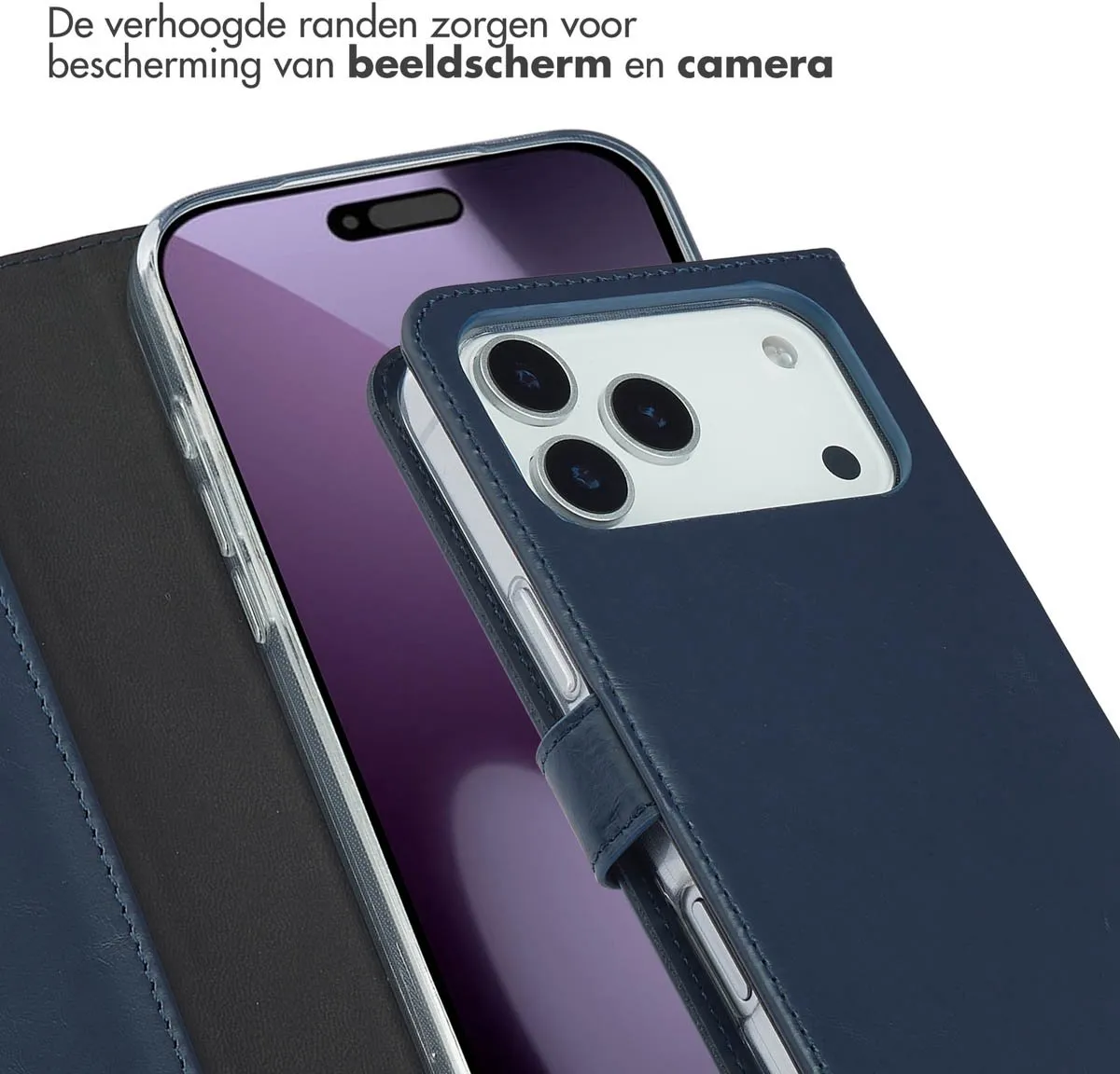 Selencia Hoesje iPhone 17 Pro Max - Echt Lederen Bookcase - Blauw