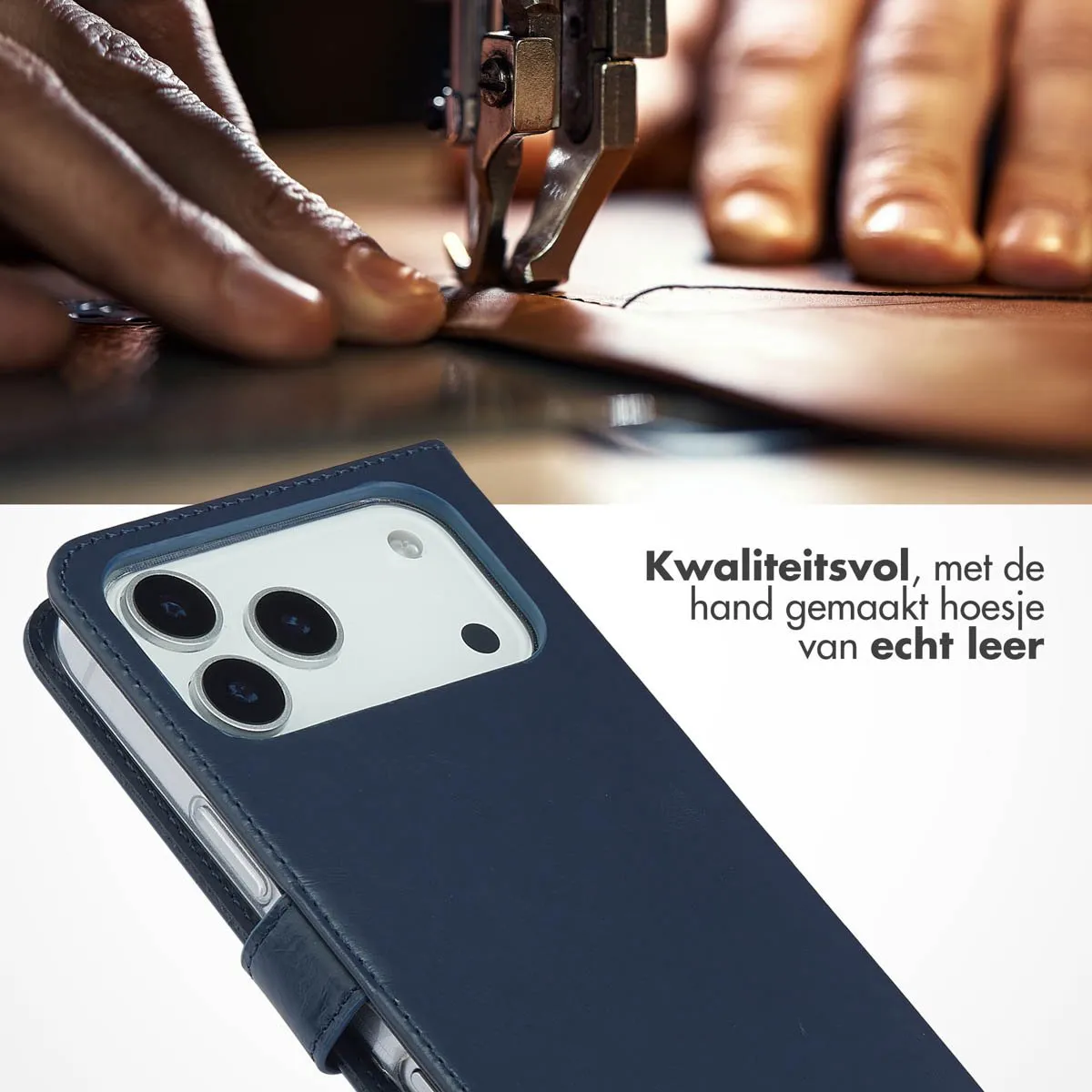Selencia Hoesje iPhone 17 Pro Max - Echt Lederen Bookcase - Blauw