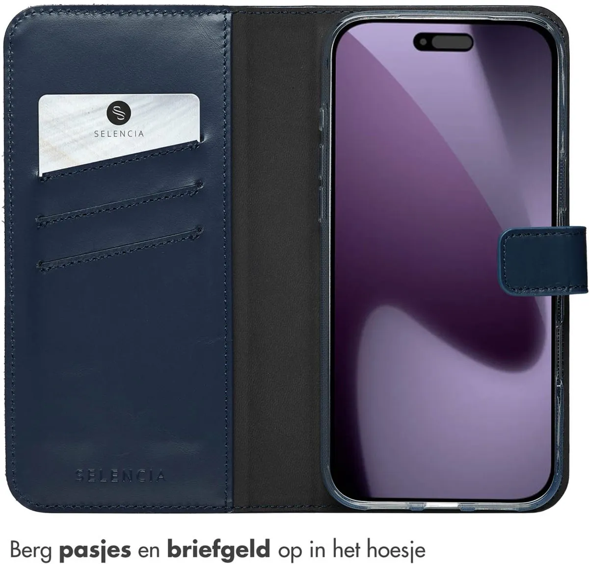 Selencia Hoesje iPhone 17 Pro Max - Echt Lederen Bookcase - Blauw