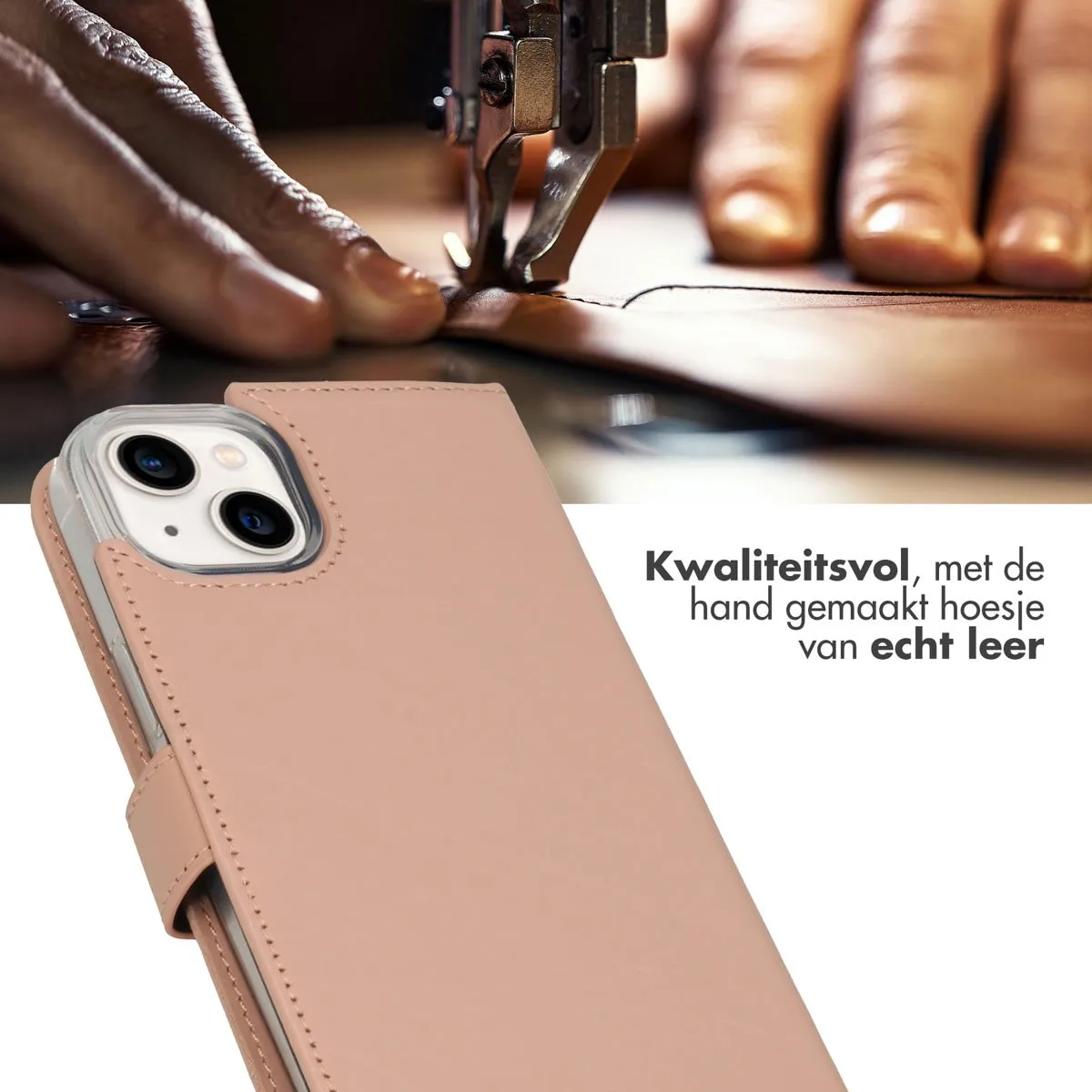 Selencia Hoesje iPhone 14 Plus Echt Lederen Bookcase Lichtroze - 3 Pasjes