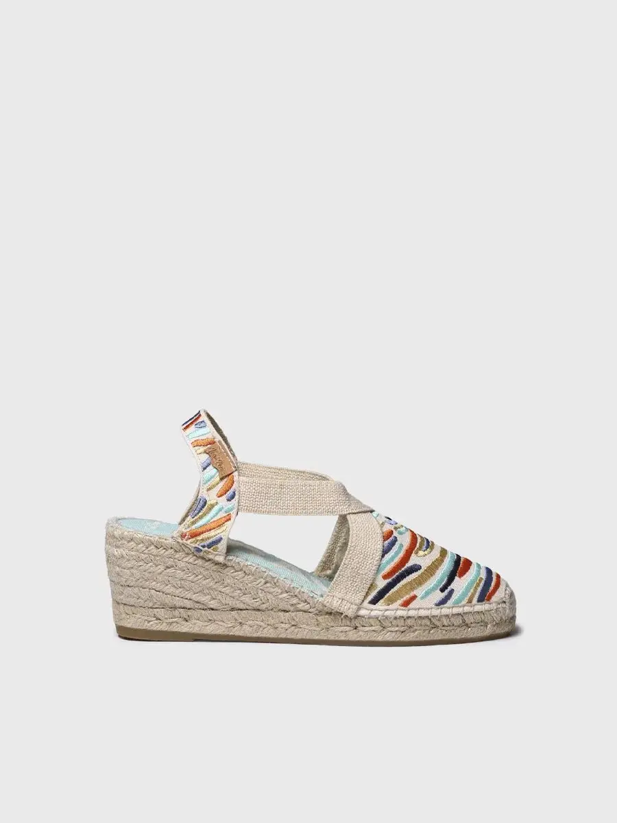 Dames espadrille met sleehak en veelkleurig borduurwerk