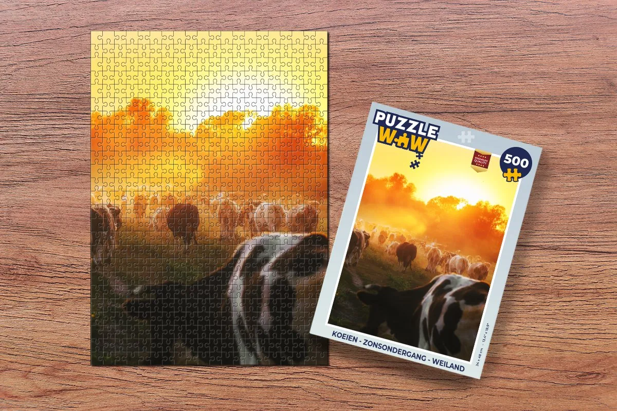 PuzzleWow Koeien Zonsondergang Weiland Legpuzzel 500 Stuks - Multicolor
