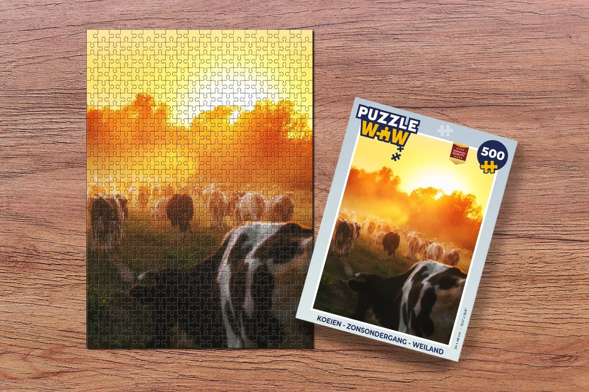 PuzzleWow Koeien Zonsondergang Weiland Legpuzzel 500 Stuks - Multicolor