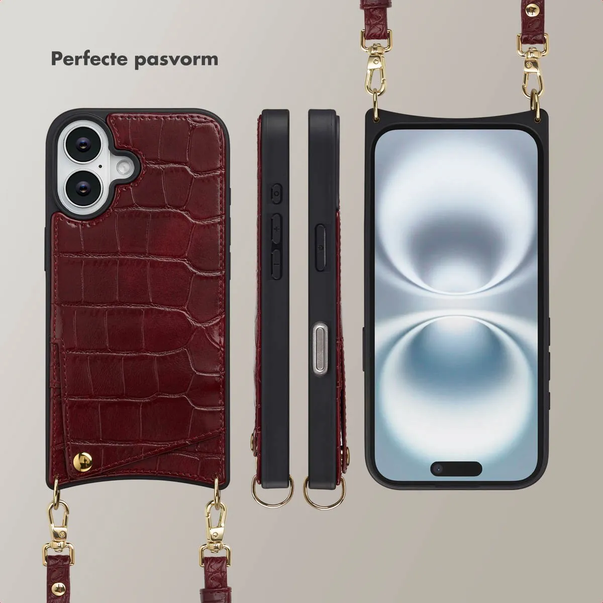 Selencia Hoesje iPhone 16 Croco Burgundy - 2 Pasjes