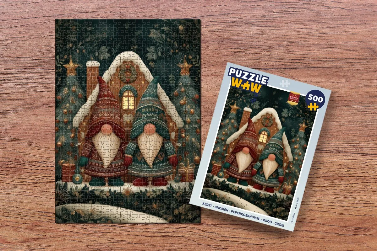 PuzzleWow Kerst Gnomen Peperkoekhuisje 500 Stuks - Rood/ Groen