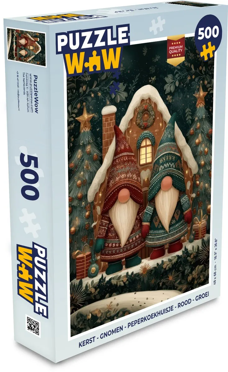 PuzzleWow Kerst Gnomen Peperkoekhuisje 500 Stuks - Rood/ Groen