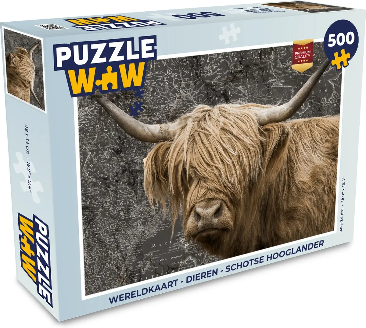 PuzzleWow Wereldkaart Dieren Schotse Hooglander Legpuzzel 500 Stuks - Multicolor