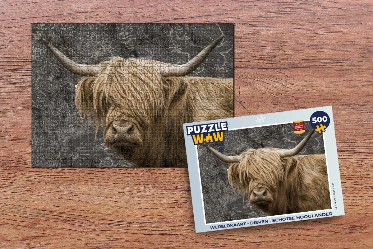 PuzzleWow Wereldkaart Dieren Schotse Hooglander Legpuzzel 500 Stuks - Multicolor