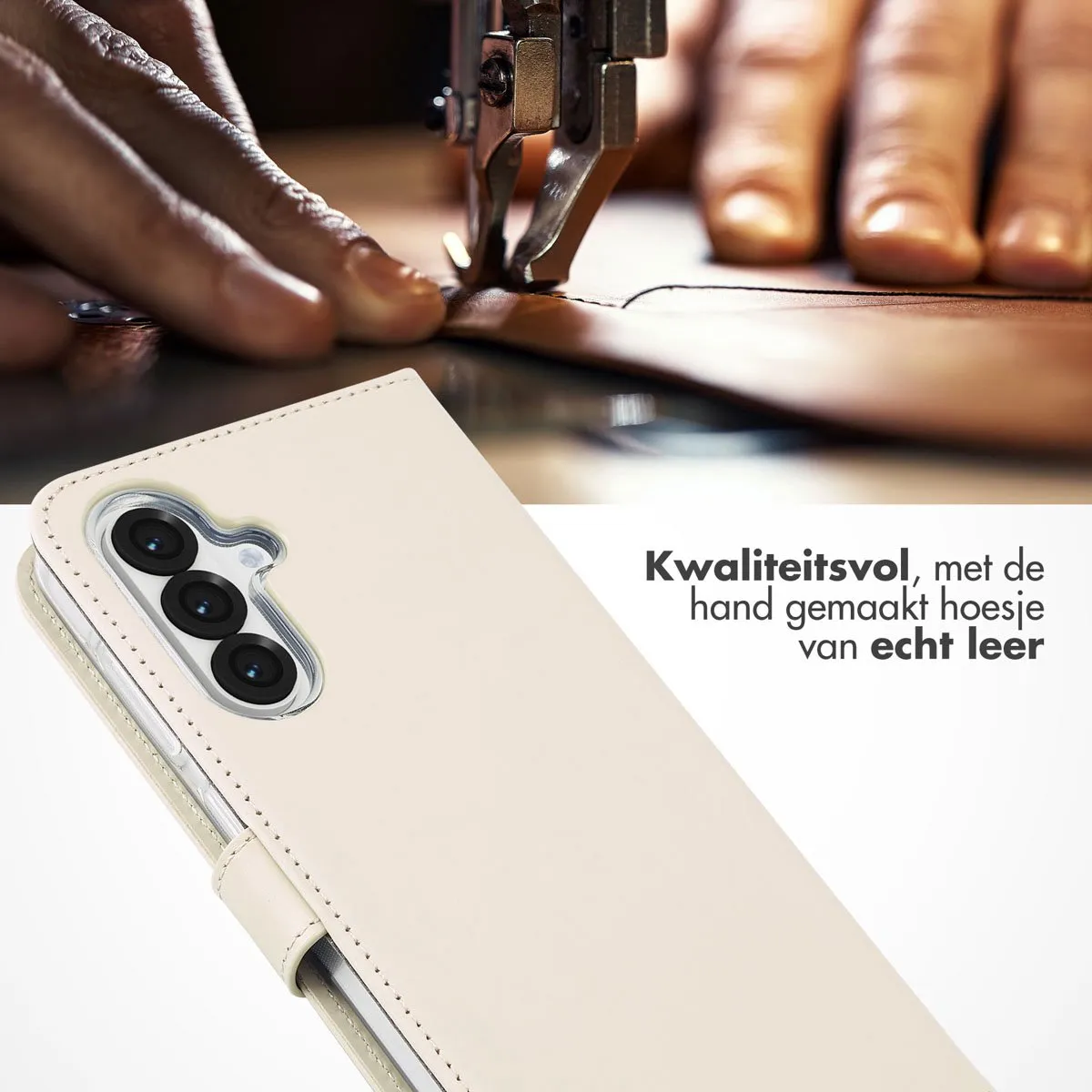 Selencia Hoesje Samsung Galaxy A36 - Echt Lederen Bookcase - Beige