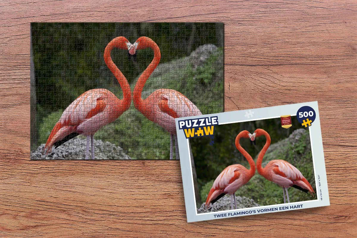 PuzzleWow Legpuzzel Twee Flamingo's Hart - 500 Stuks - Multicolor