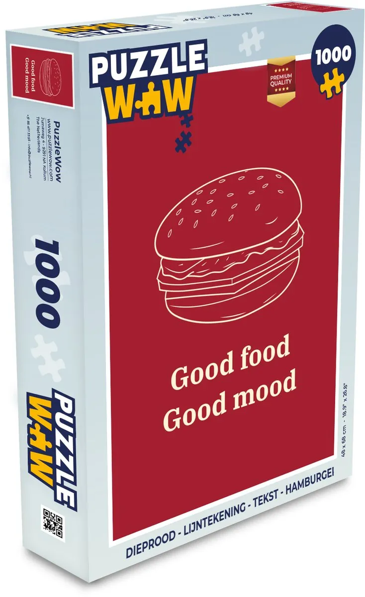PuzzleWow Legpuzzel 1000 Stuks - Dieprood Hamburger