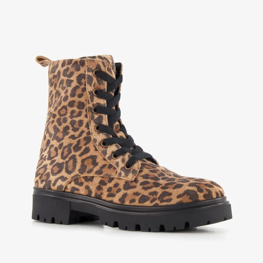 Braqeez suède meisjes veterboots met panterprint bruin