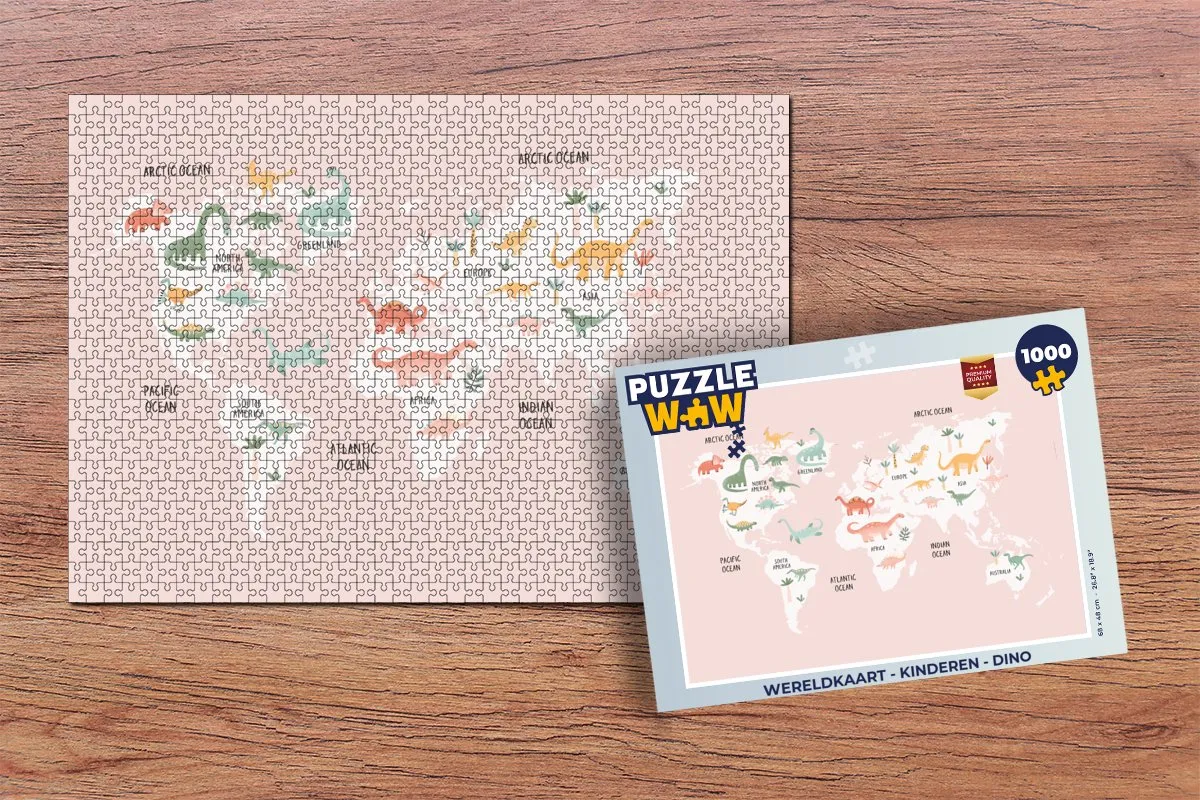 PuzzleWow Wereldkaart Dino Legpuzzel 1000 Stuks - Multicolor