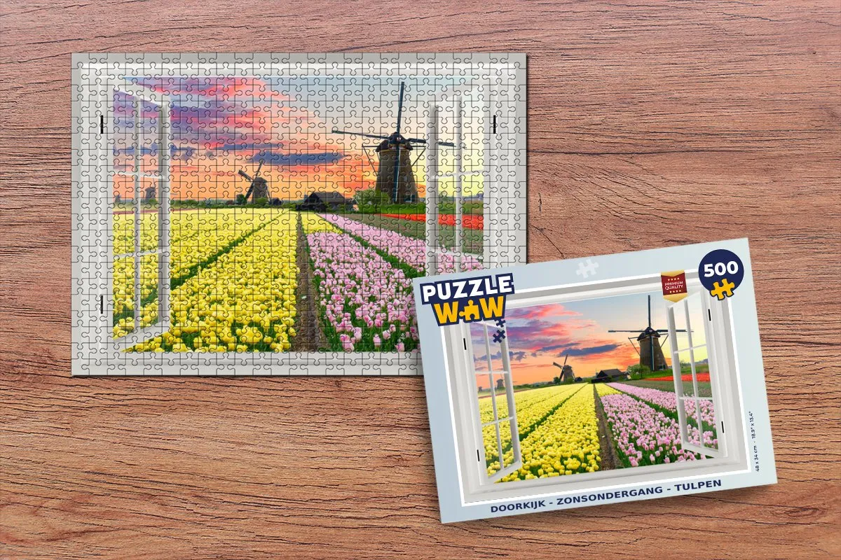 PuzzleWow Doorkijk Zonsondergang Tulpen Legpuzzel 500 Stuks - Multicolor