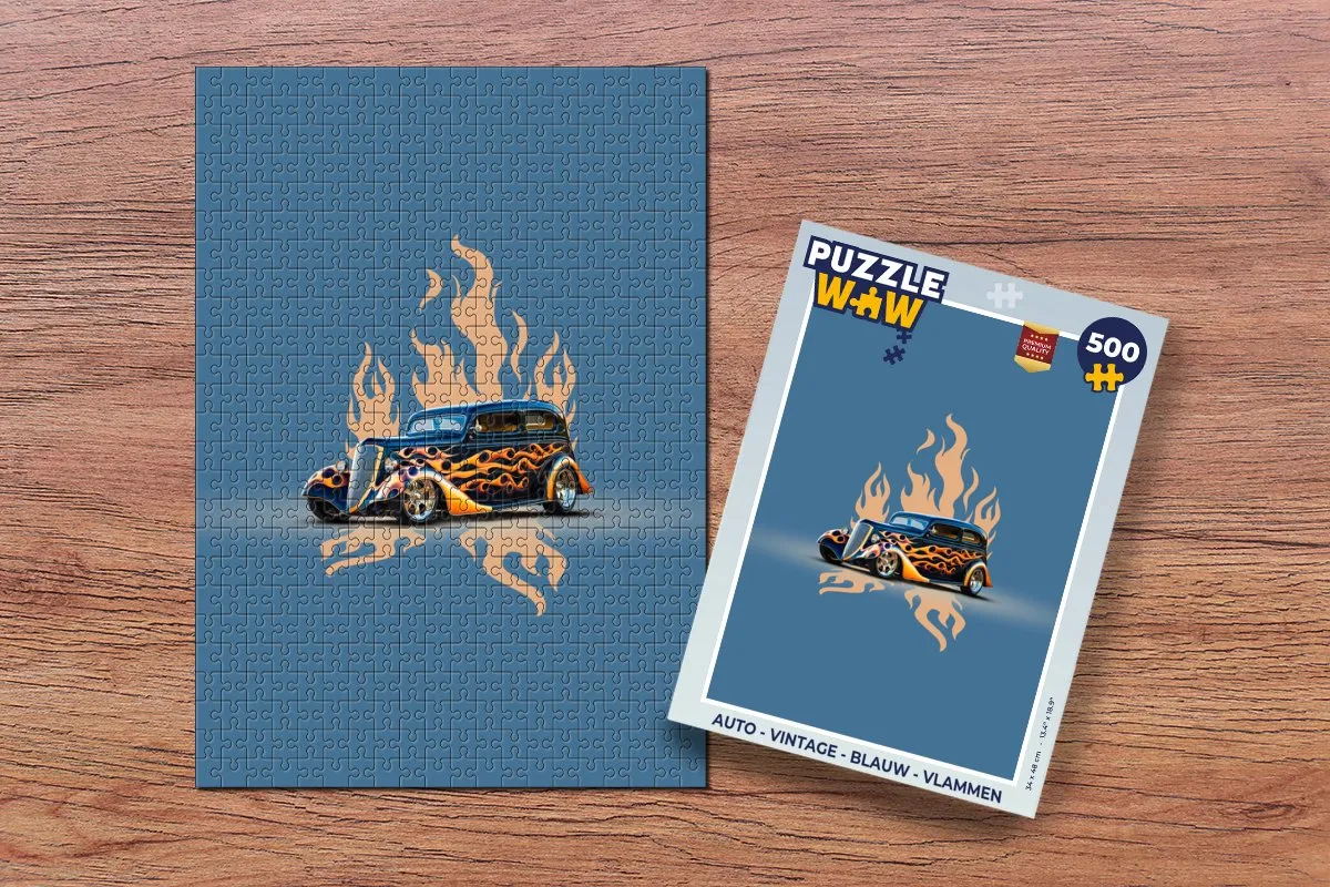 PuzzleWow Vintage Auto Legpuzzel 500 Stuks - Blauw/Vlammen